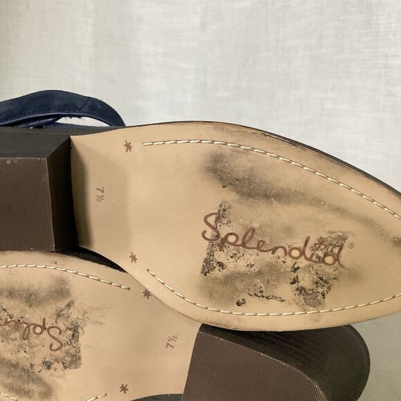 Splendid Suede Booties 7.5 US Carmelo Ankle Wrap Almond Toe Hook & Loop Blue EUC - Picture 2 of 9